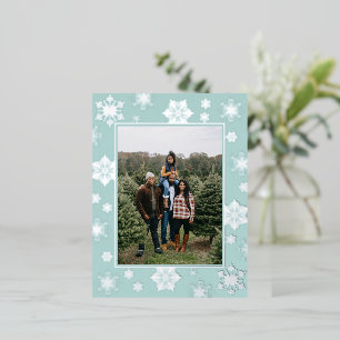 Postal Festiva Con Relieve Metalizado Foto de Copos de Navidad Verde Aqua