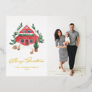 Postal Festiva Con Relieve Metalizado Foto de Cottage de Navidad Rojo Acuarela Acogedor