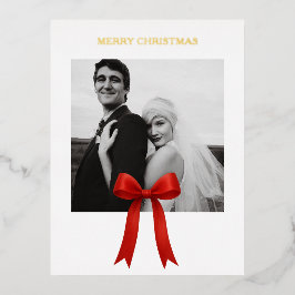 Postal Festiva Con Relieve Metalizado Foto de Cute Red Bow Ferry Christmas
