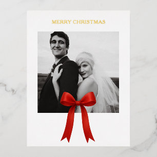 Postal Festiva Con Relieve Metalizado Foto de Cute Red Bow Ferry Christmas