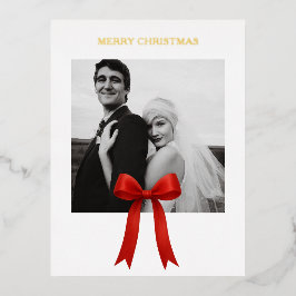 Postal Festiva Con Relieve Metalizado Foto de Cute Red Bow Ferry Christmas