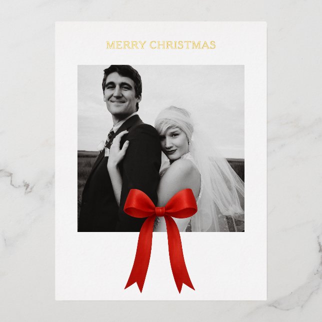 Postal Festiva Con Relieve Metalizado Foto de Cute Red Bow Ferry Christmas (Anverso)