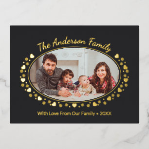 Postal Festiva Con Relieve Metalizado Foto de familia oval elegante con corazón y copo d