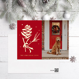 Postal Festiva Con Relieve Metalizado Foto de festividad de la nieve Pinecone
