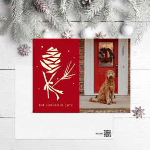 Postal Festiva Con Relieve Metalizado Foto de festividad de la nieve Pinecone