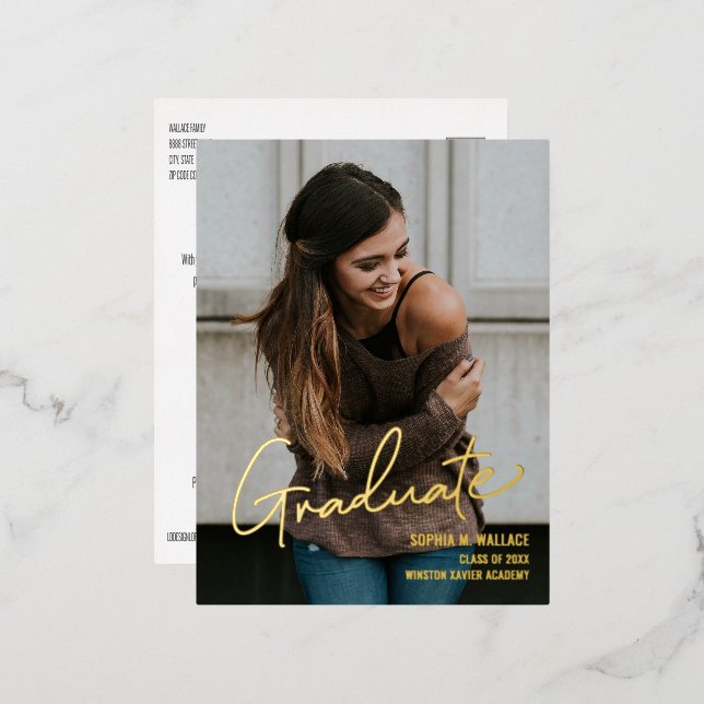 Postal Festiva Con Relieve Metalizado Foto de graduado de la Universidad de Arte (Anverso/Reverso)