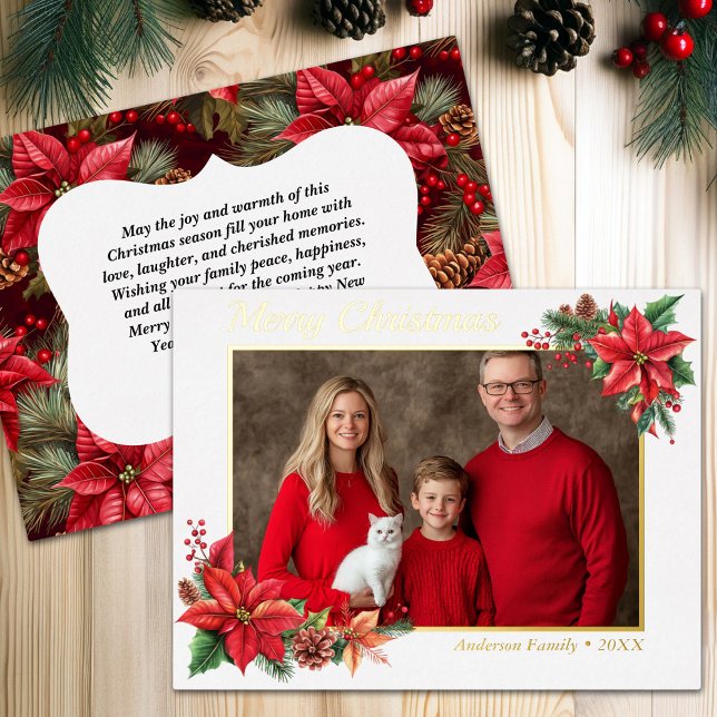 Postal Festiva Con Relieve Metalizado Foto de la familia de flores de Poinsettia (Christmas Poinsettia Flower Family Photo Foil Holiday Postcard)