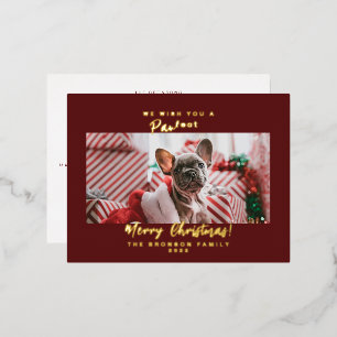 Postal Festiva Con Relieve Metalizado Foto de mascota Feliz Navidad
