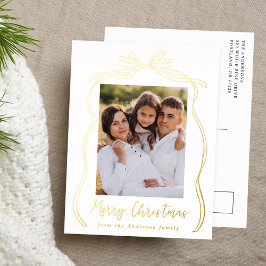 Postal Festiva Con Relieve Metalizado Foto de Navidad con lazo vintage