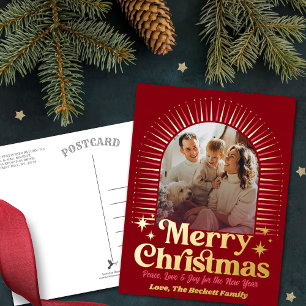 Postal Festiva Con Relieve Metalizado Foto de Navidad Retro Groovy Merry