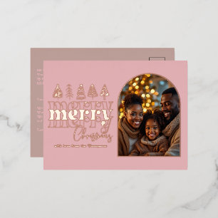 Postal Festiva Con Relieve Metalizado Foto de Navidades Peony Rubor y Warm Taupe