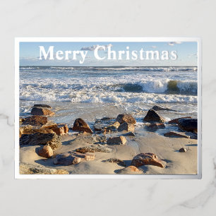 Postal Festiva Con Relieve Metalizado Foto de Olas del Océano Atlántico