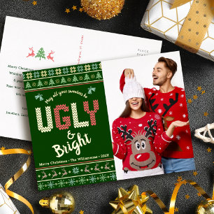 Postal Festiva Con Relieve Metalizado Foto divertida de Navidad con suéter feo nórdico d