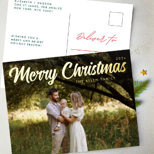 Postal Festiva Con Relieve Metalizado Foto elegante de Navidad con letra dorada