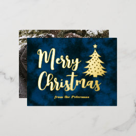 Postal Festiva Con Relieve Metalizado Foto Familiar Árbol de Navidad Feliz Azul Dorado