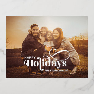 Postal Festiva Con Relieve Metalizado Foto Familiar Feliz Navidad Caligrafía Plata