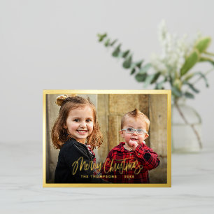 Postal Festiva Con Relieve Metalizado Foto Familiar Feliz Navidad Script Gold