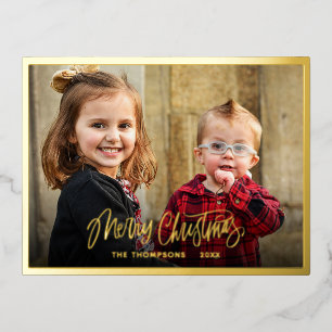 Postal Festiva Con Relieve Metalizado Foto Familiar Feliz Navidad Script Gold