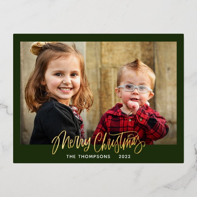 Postal Festiva Con Relieve Metalizado Foto familiar Merry Christmas Gold (Anverso)