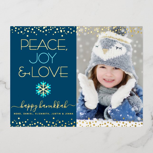 Postal Festiva Con Relieve Metalizado Foto Hanukkah Peace Joy Love Snowflake Real Gold (Anverso)