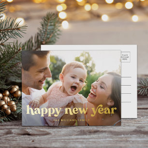 Postal Festiva Con Relieve Metalizado Foto Mínima de Feliz Año Nuevo