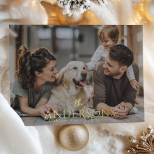 Postal Festiva Con Relieve Metalizado Foto Minimalista de Navidad de Familia Adorable