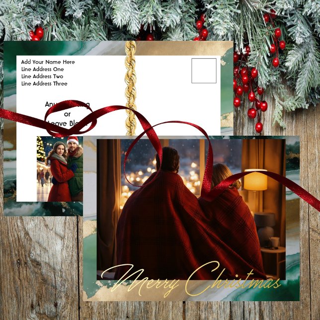 Postal Festiva Con Relieve Metalizado Foto moderna de dos mármoles (Opulent Offering for Holiday Postcard - Foil Greeting - Rich Green Marble Backdrop)