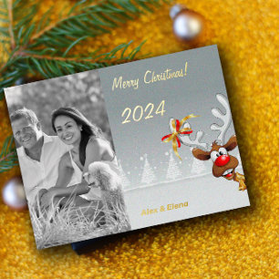 Postal Festiva Con Relieve Metalizado Foto monocroma de los Navidades Rudolph