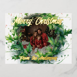 Postal Festiva Con Relieve Metalizado Foto personalizada acuarela Holly Wreath