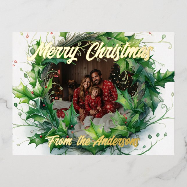 Postal Festiva Con Relieve Metalizado Foto personalizada acuarela Holly Wreath (Anverso)