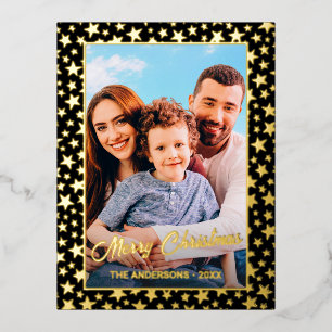 Postal Festiva Con Relieve Metalizado Foto personalizado Feliz Navidad estrellas negro y