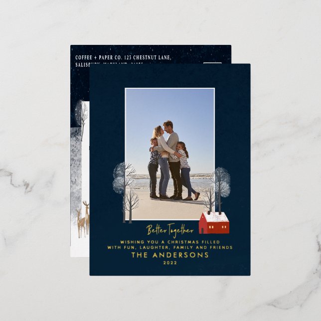 Postal Festiva Con Relieve Metalizado Foto tradicional elegante rústico invierno nieve c (Anverso/Reverso)