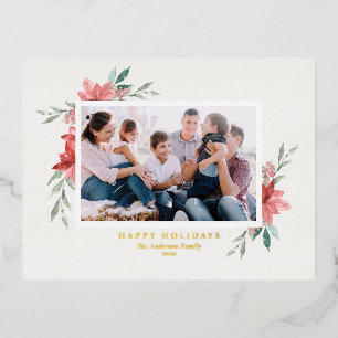 Postal Festiva Con Relieve Metalizado Foto vintage de poinsettia roja en acuarela