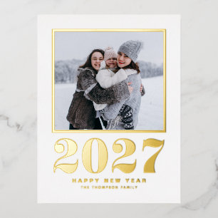 Postal Festiva Con Relieve Metalizado Fotografía de Año Nuevo Feliz de la Tipografía de