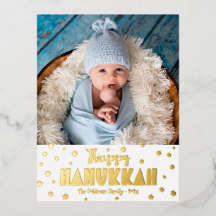 Postal Festiva Con Relieve Metalizado Fotografía Happy Hanukkah Moderno Whimsical Real G