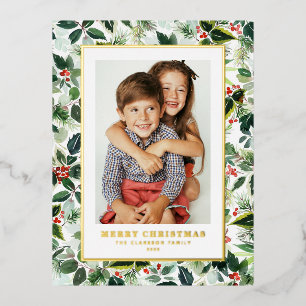 Postal Festiva Con Relieve Metalizado Fotomerry Christmas Vegetación de Invierno en Acua