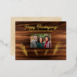 Postal Festiva Con Relieve Metalizado Fotos de Acción de Gracias de Trigo en la Madera