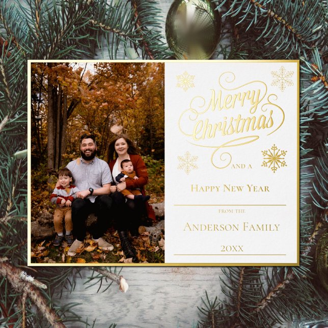 Postal Festiva Con Relieve Metalizado Fotos de Feliz Navidad y Copos de Nieve | Blanco (Merry Christmas and Snowflakes White Photo Foil Holiday Card)