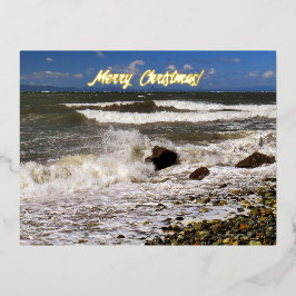 Postal Festiva Con Relieve Metalizado Fotos de la playa de las olas del océano navideño 
