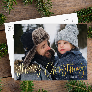 Postal Festiva Con Relieve Metalizado Fotos de oro de Feliz Navidad