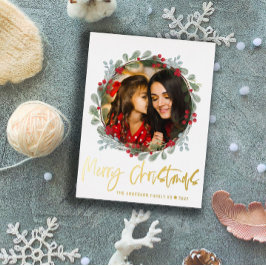 Postal Festiva Con Relieve Metalizado Fotos navideñas de Feliz Guión Botánico de Oro