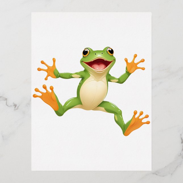 Postal Festiva Con Relieve Metalizado Frog Happy Playful Fun Saltando En El Aire Alegre (Anverso)