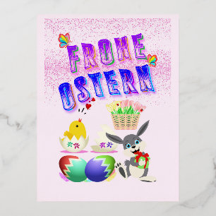 Postal Festiva Con Relieve Metalizado Frohe Ostern