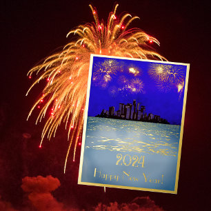 Postal Festiva Con Relieve Metalizado Fuegos artificiales dorados de año nuevo sobre la 