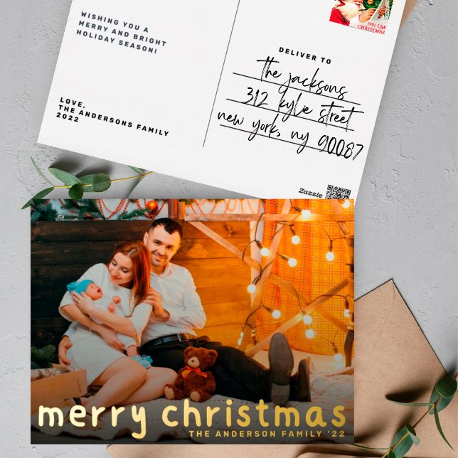 Postal Festiva Con Relieve Metalizado FUN hand written | Merry Christmas Gold Photo (Subido por el creador)