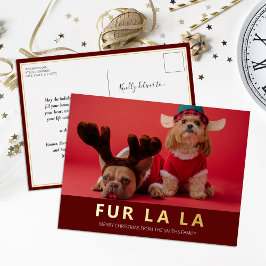 Postal Festiva Con Relieve Metalizado Fur La La Red Oro Mascotas modernos Navidades Foto