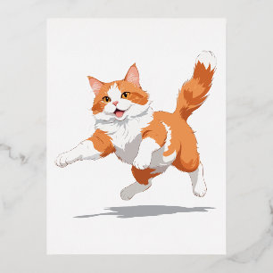 Postal Festiva Con Relieve Metalizado Gato Feliz Diversión Jugadora Saltando En El Aire