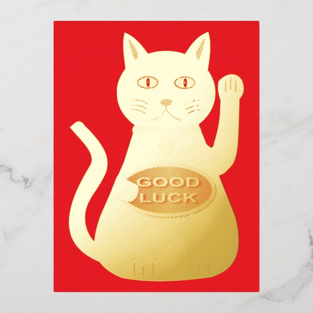 Postal Festiva Con Relieve Metalizado Gato Lucky Oriental (Anverso)