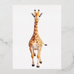 Postal Festiva Con Relieve Metalizado Giraffe Feliz Jugador Diversión Saltando En Alegrí