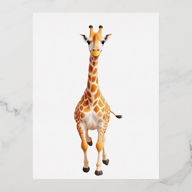 Postal Festiva Con Relieve Metalizado Giraffe Feliz Jugador Diversión Saltando En Alegrí (Anverso)